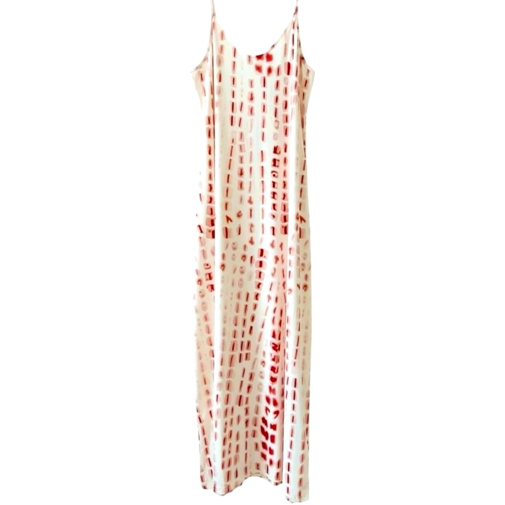 OURS White Pink Red Ikat Print Spaghetti Strap Pockets Maxi Sundress Dress - Picture 3 of 12